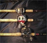 3 fishing rods with reels, Bass pro shop rod