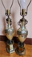 Vintage Glass Brass bottom table lamps pair