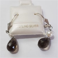 Silver Smokey Quartz Freshwater Pearl Earrings