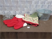Christmas stocking, metal bucket, serving dish
