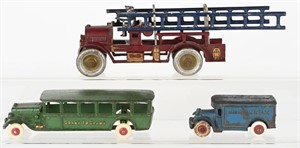 3- CAST IRON TOY VEHICLES, HUBLEY & MORE