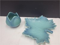 9 1/2" w Van Briggle Pottery Leaf & 4 1/2" h Vase