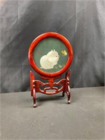 Embroidered Cat & Butterly on Silk table stand