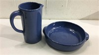 Signed Pottery Pitcher & Serving Dish M13B