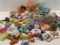 COLLECTION OF PAINTED SEASHELLS, STARFISH & CORAL