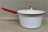 Enamel ware white and red pan with lid