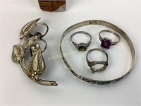 Sterling silver bracelet, brooch, rings two