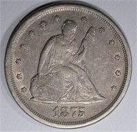 1875-S TWENTY CENT PIECE, CHOICE XF/AU