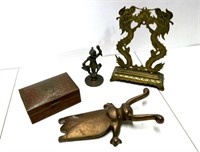 Brass Bootjack, Carved Brass Jewelry Box, Etc