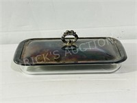 glass baking pan w/ silver plated lid - 15" L
