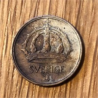 1950 Silver Sweden 25 Ore Coin Gustav V
