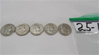 5) Franklin Half Dollars 1959, 60, 61 62 63, D