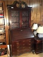 Wood slant top desk with glass top bookcase