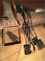 Fireplace tools, box of butcher knives