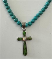 PRETTY STERLING &TURQUOISE NECKLACE W OPAL CROSS
