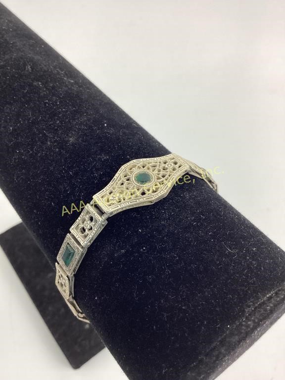 Art Deco sterling filigree emerald bracelet 11