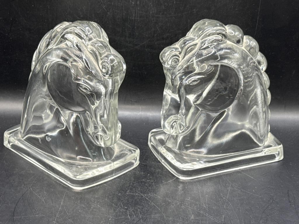 2 Federal Clear Glass Hollow Horse Head Book Ends