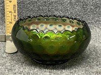 Green Carnival glass 6" bowl, "Stippled Dot"