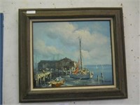 FRAMED BOAT DOCK OIL ON CANVAS, SIGNED HAYWOOD