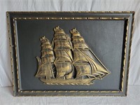 Vintage Sail Ship Picture Plastic Over Masonite