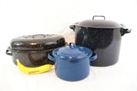 3 Pcs. Blue Enamelware, Canning Pot, Roaster+