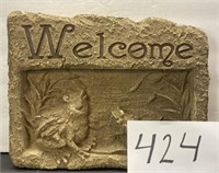 Welcome sign with frogs; outdoor / garden