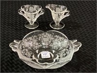 Lot of 3 Etched Glass Fostoria Including Sm. Dish