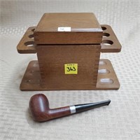 Wood Pipe Stand w/ Smoking Pipe