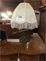 SMALL BRASS COLORED LAMP W/ FRINGE SHADE