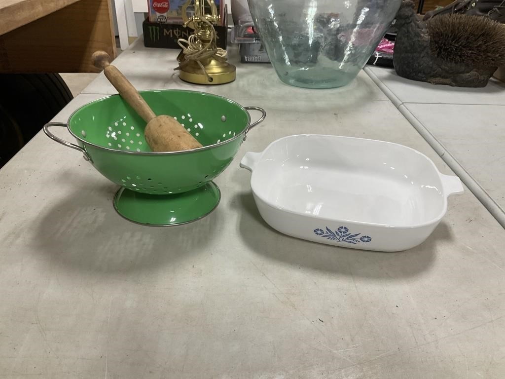 Corningware, Masher, & Enamel Colander