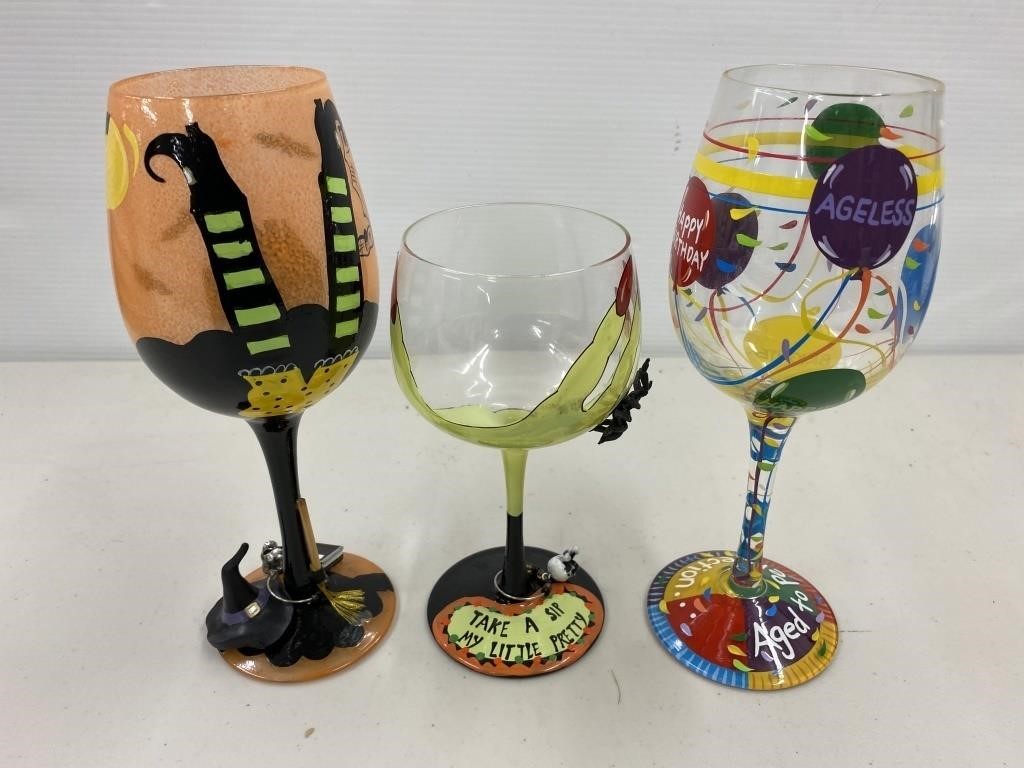 Set of 3 Hand-Painted Wine Glasses