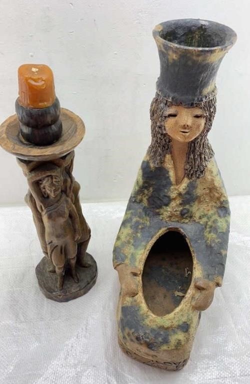 Hand Carved Wood Candlestick 15in/ Pottery