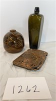 Gin Bottle Copper Trivet & Incised Pottery Vase