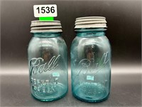 Antique Ball Jars (2) Aqua w/Zinc lids