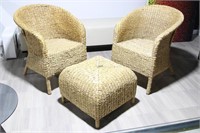 2 CHAIRS AND OTTOMAN IN SEA GRASS