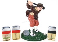 Vintage Cast Iron Golfer Door Stop and Lighters