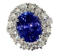 14k Gold 9.09 ct Oval Tanzanite & Diamond Ring