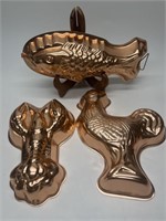 (3) Copper Gelatin Molds - Fish, Lobster, Rooster