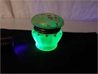 Early Handpainted Uranium Glass Dresser Jar