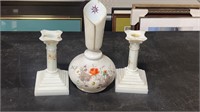 Bristol Vase & Pr. of Opalescent Candlesticks