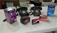 2 Vintage rotary phones, new cassettes & VHS tapes