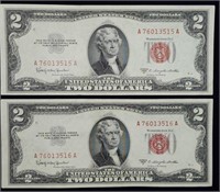 Crisp Unc 1953 C $2 Red Seal Consecutive Notes