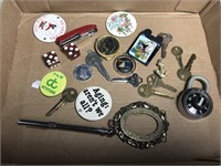 Lot of pins, keys, money clip, dice