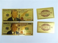 2 Novelty Gold Plated Trump 100 Dollar Notes