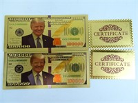 2 Novelty Gold Plated Trump 100000 Dollar Notes