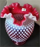 Cranberry Opalescent Hobnail Vase, 8” T x 6” W