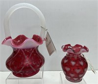 2pcs Fenton Cranberry Opalescent - Vase & Basket
