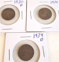 1930 D, 1934, 1934 D Lincoln Wheat Pennies