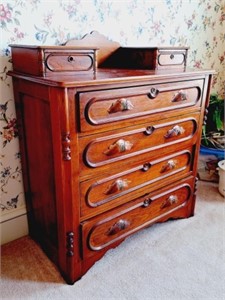 Antique Walnut Dresser, 2 Stands, Lamp