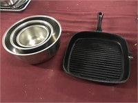 Cast iron griddle and mixing bowls
